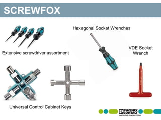 Extensive screwdriver assortment
Universal Control Cabinet Keys
Hexagonal Socket Wrenches
VDE Socket
Wrench
SCREWFOX
 