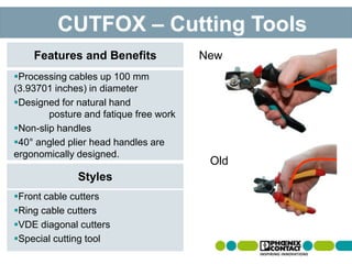 Processing cables up 100 mm
(3.93701 inches) in diameter
Designed for natural hand
posture and fatique free work
Non-slip handles
40° angled plier head handles are
ergonomically designed.
Features and Benefits
CUTFOX – Cutting Tools
Front cable cutters
Ring cable cutters
VDE diagonal cutters
Special cutting tool
Styles
New
Old
 