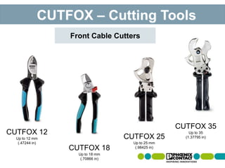 Front Cable Cutters
CUTFOX 12
Up to 12 mm
(.47244 in)
CUTFOX 18
Up to 18 mm
(.70866 in)
CUTFOX 25
Up to 25 mm
(.98425 in)
CUTFOX 35
Up to 35
(1.37795 in)
CUTFOX – Cutting Tools
 