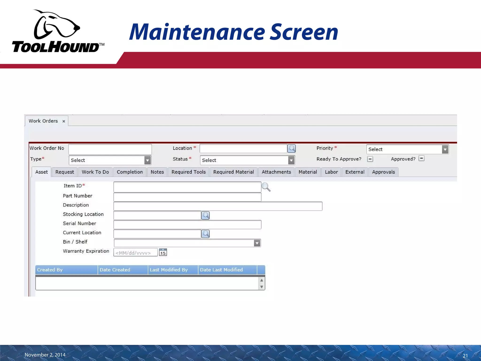 Maintenance Screen 
November 2, 2014 21 
 