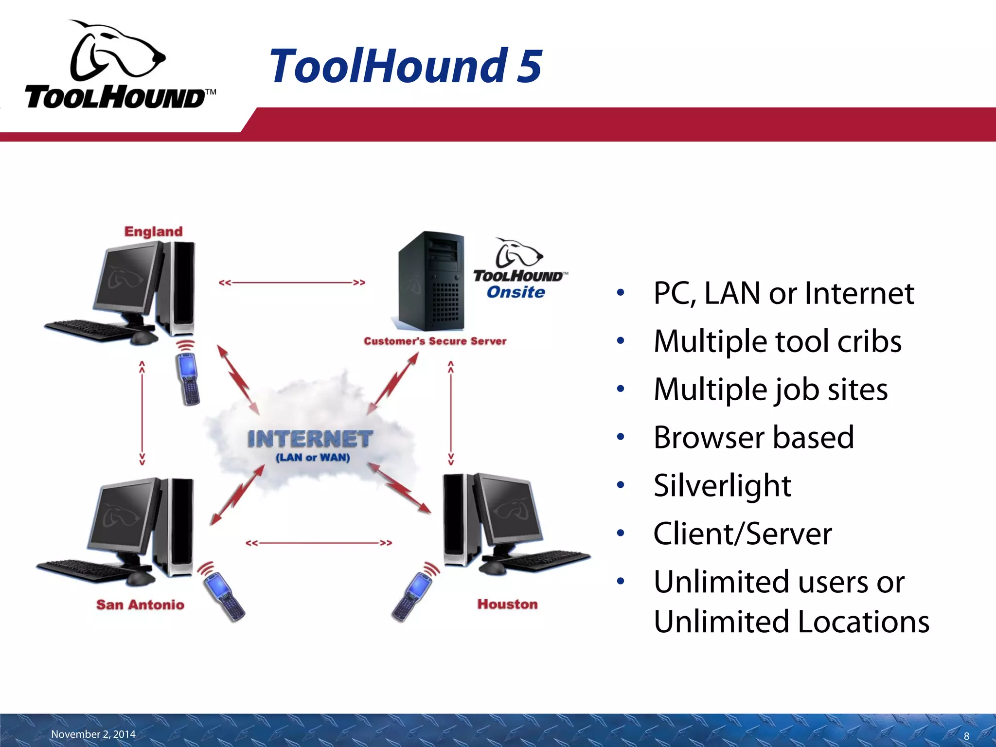 ToolHound 5 
• PC, LAN or Internet 
• Multiple tool cribs 
• Multiple job sites 
• Browser based 
• Silverlight 
• Client/Server 
• Unlimited users or 
Unlimited Locations 
November 2, 2014 8 
 