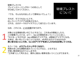 破壊ブレストも
ブレインストーミングの⼀つの形として
ぜひ試してみてください。
「でも、そんなもの出したって意味ないでしょ？」
それが、そうでもないんです。
出していくアイデアは反転させると、
どれも、元のテーマのアイデアとして成り⽴っています。
なお、これには、2つの効果があります。
対象となる領域を思い付こうとすること、これをAの領域としたら、
この破壊ブレストは、Aバー、Not Aの領域を拾っていくことに近い。
”かける－1”をすれば、Not A領域のアイデアは、A領域のアイデアになる。
⼤体は、思い付いていることになるが、Aを考えるだけではなかなか
思い⾄らないところを、Not Aのアイデアを逆にしたものは⽰唆してくれる。
もう⼀つは、よりブレストしやすくなる所。
現実のまじめな課題を超えていこうとすると、ともすると
⼿堅い解決策を出そうとしますが、
”⼯作員”として考えると、意外と⾯⽩い要素を思いつくことができます。
破壊ブレスト
について
1
2 37
 