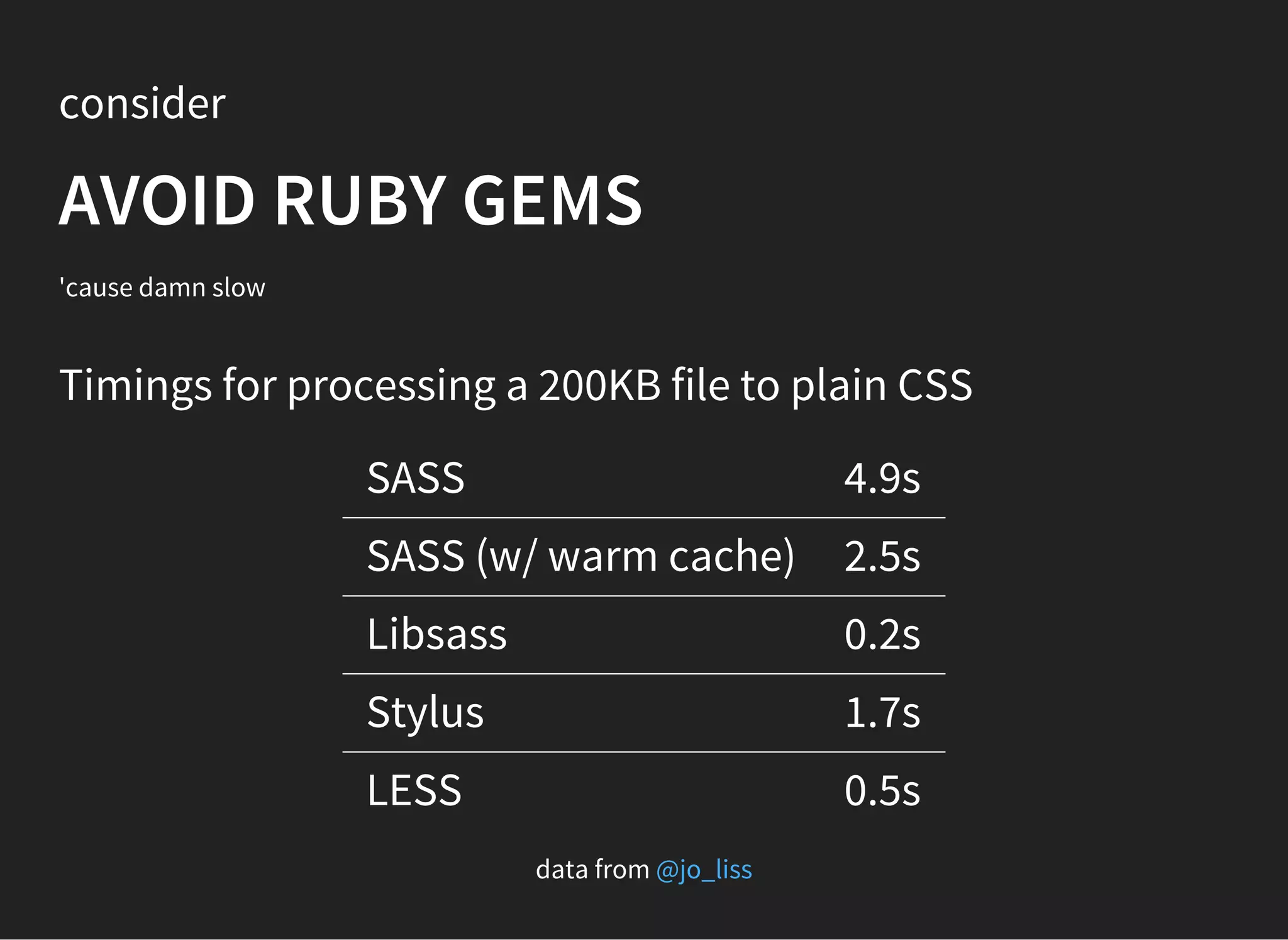 consider
AVOID RUBY GEMS
'cause damn slow
Timings for processing a 200KB file to plain CSS
SASS 4.9s
SASS (w/ warm cache) 2.5s
Libsass 0.2s
Stylus 1.7s
LESS 0.5s
data from @jo_liss
 