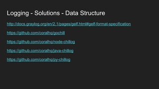 Logging - Solutions - Data Structure
http://docs.graylog.org/en/2.1/pages/gelf.html#gelf-format-specification
https://github.com/coralhq/gochill
https://github.com/coralhq/node-chillog
https://github.com/coralhq/java-chillog
https://github.com/coralhq/py-chillog