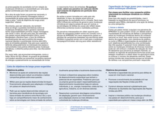 as preocupações da sociedade civil em relação às             o crescimento futuro de emissões. De qualquer                      Capacitação de longo prazo para campanhas
mudanças climáticas e a necessidade por uma ação             modo, caberá aos parceiros em cada país decidir                    sobre mudanças climáticas
global combinada para lidar com elas.                        qual conjunto de exigências em particular deve
                                                             ser adotado.                                                       Dez etapas para facilitar uma campanha pública
Se o alvo da ação forem os governos nacionais, é                                                                                relacionada às mudanças climáticas ou a defesa
provável que ela contenha mensagens sobre a                  As ações a serem tomadas em cada país vão                          da causa
necessidade de ações pelos países industrializados           depender, é claro, da relação atual entre as                       Essa lista não esgota as possibilidades, mas é
(veja a caixa ‘‘Lista de objetivos de longo prazo            organizações da sociedade civil e o Estado. Será mais              baseada na experiência do que já funcionou no
sugeridos’’ abaixo).                                         difícil influenciar políticas de governo para mudanças             passado para ONGs, planejando uma ação de defesa
                                                             climáticas em alguns países do que em outros, e                    ou uma campanha.
No entanto, para ser relevante, ela também                   as estratégias de defesa da causa vão refletir esses
deve se dirigir a questões domésticas sobre as               diferentes contextos locais e realidades políticas.               1. Iniciar o debate
mudanças climáticas onde o governo nacional                                                                                    Como um passo inicial, a equipe e os parceiros da
tenha responsabilidade primária. Essas mensagens             Os parceiros interessados em obter suporte para                   APRODEV no país podem iniciar um debate sobre a
vão variar, é claro, de país para país. Por exemplo,         ações de campanha podem entrar em contato com a                   necessidade de iniciativas de defesa e campanhas
nos países menos desenvolvidos (LDCs), como                  equipe da APRODEV em seus respectivos países ou                   sobre as mudanças climáticas dentro do contexto
Bangladesh e Burkina Faso, o foco da militância              equipes de campanhas baseadas nos escritórios-sede.               nacional ou local. Isso pode ocorrer internamente
provavelmente não será a política de energia                 Também é possível enviar um e-mail para o endereço                dentro da organização, com membros do público,
nacional (devido à contribuição mínima dos LDCs              campaigns@christian-aid.org para obter assistência.               ou junto a ONGs e organizações da sociedade civil
para as emissões globais), mas para que o governo                                                                              com objetivos semelhantes (ou uma combinação
defenda adequadamente os interesses dos países e                                                                               das três opções). É possível iniciar debates locais
comunidades mais pobres afetados pelas mudanças                                                                                sobre as mudanças climáticas de diversas maneiras:
climáticas, e obtenha justiça para eles, nas discussões                                                                        pode ser útil enfocar o trabalho de redução do risco
da ONU.                                                                                                                        de desastres que parceiros já estejam fazendo, ou
                                                                                                                               analisar os regimes de temperatura/chuvas locais que
Por outro lado, nas economias emergentes, como a                                                                               estejam mudando e o efeito disso na agricultura local,
Índia, África do Sul e Brasil, os grupos da sociedade                                                                          ou enfocar o número de desastres naturais. Esses
civil podem escolher se concentrar na política nacional                                                                        pontos iniciais são importantes porque as iniciativas
de energia e possivelmente na necessidade de limitar                                                                           de defesa e as campanhas precisam responder


 Lista de objetivos de longo prazo sugeridos
 Objetivos da política                                          localmente apropriadas e localmente desenvolvidas.           Objetivos dos processos
 •	 Monitorar as ações em andamento das nações                                                                               •	 Aumentar a capacidade dos parceiros para defesa da
    desenvolvidas para reduzir as emissões e realizar        •	 Conduzir e disseminar pesquisas sobre modelos                   causa em nível local e nacional.
    campanhas globais sobre essa questão.                       de desenvolvimento sustentável que tenham o
                                                                potencial de ser expandidos. Pressionar para que             •	 Promover o envolvimento da sociedade civil nas
 •	 Militar para que as nações desenvolvidas forneçam           os próprios governos sejam responsabilizados por                negociações das Nações Unidas pós-2010.
    financiamento adequado para adaptação e mitigação           desenvolvimento insustentável (seja em setores
    em países em desenvolvimento.                               individuais, p. ex., energia, transportes, coleta de lixo,   •	 Construir alianças nacional e globalmente para
                                                                agricultura, indústria, ou em diversos setores).                influenciar os resultados das negociações das Nações
 •	 Pedir que as nações desenvolvidas reduzam as                                                                                Unidas pós-2010.
    barreiras para transferência de tecnologia com           •	 Desenvolver e promover abordagens comunitárias
    baixa emissão de carbono entre Norte e Sul, e que           de adaptação; garantir que o financiamento                   •	 Inspirar o interesse público nas mudanças climáticas
    haja um compartilhamento maior de conhecimento              para adaptação alcance os mais afetados e mais                  nos países em desenvolvimento, para que a
    sobre as tecnologias com baixa emissão de carbono           vulneráveis às mudanças climáticas.                             capacidade para ações em massa cresça além de 2009.


Introdução    A ciência e os   As           As posições      Campanha “É       A facilitação de campanhas      Glossário       Calendário   Lista de fontes                            26
              impactos         discussões   da política da   hora de justiça   sobre as mudanças climáticas no                 de eventos   importantes na
                               na ONU       APRODEV          climática”        hemisfério sul                                               Internet
 
