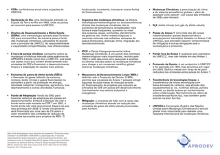 •	 COPs: conferências anual entre as partes da                               fundo pode, no entanto, incorporar outras fontes   •	 Mudanças Climáticas: a perturbação do clima
   UNFCCC.                                                                   de financiamento.                                     e do sistema atmosférico globais – além de
                                                                                                                                   qualquer ciclo natural – por causa das emissões
                                                                                                                                   de GEEs pelo homem.
•	 Declaração do Rio: uma declaração adotada na                           •	 Impactos das mudanças climáticas: os efeitos
   Cúpula da Terra no Rio em 1992, onde os países                            hidrológicos/meteorológicos ou socioeconômicos
   se reuniram para assinar a UNFCCC.                                        diretos das mudanças climáticas, isto é,           •	 N20: óxido nitroso (um gás do efeito estufa).
                                                                             aumentos de temperatura, tempestades mais
                                                                             fortes e mais frequentes, aumento no nível
•	 Direitos de Desenvolvimento e Efeito Estufa                               dos oceanos, secas, enchentes, derretimento        •	 Países do Anexo 1: Uma lista dos 40 países
   (GDRs): uma metodologia apoiada pela Christian                            de geleiras, etc. (hidro-meteorológicos); e           industrializados (países desenvolvidos e
   Aid para compartilhar de maneira justa o fardo                            menores volumes nas colheitas, estoques de            economias em transição), listados no Anexo 1 da
   das mudanças climáticas, calculados de acordo                             pesca diminuídos, doenças, fome, migração, etc.       UNFCCC, que precisam assumir compromissos
   com o princípio da UNFCCC de responsabilidade                             (socioeconômicos).                                    de mitigação e outras obrigações sob a
   e capacidade compartilhadas, mas diferenciadas.                                                                                 convenção e o protocolo.

                                                                          •	 IPCC: o Painel Intergovernamental sobre
•	 É hora de justiça climática: campanha sobre as                            Mudanças Climáticas. É um painel dos cientistas    •	 Países fora do Anexo 1: qualquer país signatário
   mudanças climáticas liderada pelas agências da                            meteorológicos mais importantes, reunido pela         da UNFCCC, mas não listado em seu Anexo 1.
   APRODEV e tendo como alvo a UNFCCC, que pede                              ONU a cada seis anos para pesquisar e analisar
   aos países ricos que cortem drasticamente suas                            os últimos estudos sobre as mudanças climáticas
   emissões de CO2 e financiem o desenvolvimento                             para chegar a um consenso científico global        •	 Protocolo de Quioto: é um acréscimo à UNFCCC
   limpo e a adaptação de nações mais pobres.                                sobre as mudanças climáticas.                         e foi assinado em 1997, mas só entrou em vigor
                                                                                                                                   em 2005. Definiu metas com força de lei para
                                                                                                                                   reduções nas emissões pelos países do Anexo 1.
•	 Emissões de gases de efeito estufa (GEEs):                             •	 Mecanismo de Desenvolvimento Limpo (MDL):
   a liberação de gases (dióxido de carbono,                                 definido sob o Protocolo de Quioto. O MDL
   metano, óxido nitroso e gases fluoretados) na                             permite que os países do Anexo 1 possam atingir    •	 Transferência de tecnologias limpas: a
   atmosfera a partir da produção de energia,                                algumas de suas metas de redução através              transferência de novas tecnologias com
   atividade industrial, transportes, agricultura, lixo,                     do financiamento de projetos que reduzam as           baixa emissão de carbono, seja através dos
   desmatamento o outras atividades humanas.                                 emissões de GEE em países em desenvolvimento          equipamentos (p. ex., turbinas eólicas, painéis
                                                                             (normalmente nos setores industrial e                 solares) ou dando acesso ao conhecimento
                                                                             energético).                                          sobre a fabricação. Normalmente se refere às
•	 Fundo de Adaptação: fundo da ONU para                                                                                           transferências Norte-Sul, mas também pode
   financiar esforços de adaptação em países em                                                                                    ocorrer no eixo Sul-Sul.
   desenvolvimento. Embora a decisão de criar o                           •	 Mitigação: o processo de lidar com a causa das
   fundo tenha sido tomada na COP 7 em 2001, o                               mudanças climáticas através da redução das
   fundo ainda não está operacional. Espera-se que                           emissões de gases de efeito estufa provocadas      •	 UNFCCC:a Convenção-Quadro das Nações
   isso aconteça em 2009. O fundo inicialmente                               pelo homem.                                           Unidas sobre Mudanças Climáticas é o veículo
   será financiado por uma taxa de 2% sobre o                                                                                      global mais importante para debater uma
   valor monetário das unidades de redução de                                                                                      resposta internacional às mudanças climáticas.
   emissões aprovadas para projetos do MDL. O




Este kit de ferramentas é uma iniciativa da campanha “É hora de justiça
climática” da APRODEV. APRODEV é a associação das 17 maiores
organizações de desenvolvimento e ajuda humanitária da Europa, que
trabalham junto ao Conselho Mundial de Igrejas. Entre os seus membros,
encontram-se: Igreja da Suécia, Diakonia, Ajuda da Igreja Norueguesa
(NCA), DanChurch Aid, Finn Church Aid, ICCO, EED, Brot für die Welt,
Bread for All e Christian Aid.                                                                                                                                                       34
 