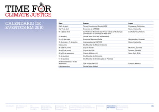Calendário de                                                  Data                               Evento                                                       Lugar


eventos em 2010                                                8 e 9 de abril
                                                               9 a 11 de abril
                                                                                                  Fórum Econômico Mundial LAC
                                                                                                  Encontro da UNFCCC
                                                                                                                                                               Cartagena, Colômbia
                                                                                                                                                               Bonn, Alemanha
                                                               19 a 22 de abril                   Conferência Mundial dos Povos sobre as Mudanças              Cochabamba, Bolívia
                                                                                                  Climáticas e os Direitos da Mãe Terra
                                                               22 de abril                        Dia da Terra 2010 (40° aniversário)
                                                               10 e 11 de maio                    Encontro Mercosul-Índia                                      Montevidéu, Uruguai
                                                               31 de maio a 11 de junho           Intersessões da UNFCCC                                       Bonn, Alemanha
                                                               5 de junho                         Dia Mundial do Meio Ambiente
                                                               25 e 26 de junho                   Cúpula do G8                                                 Muskoka, Canadá
                                                               26 e 27 de junho                   Cúpula do G20                                            Toronto, Canadá
                                                               20 a 22 de setembro                Cúpula Milênio +10                                           Nova York, EUA
                                                               16 de outubro                      Dia Mundial do Alimento
                                                               17 de outubro                      Dia Mundial de Erradicação da Pobreza
                                                               29 de novembro a 10 de
                                                               dezembro                           COP 16 da UNFCCC                                             Cancun, México
                                                               4 de dezembro                      Dia da Ação Global




Introdução   A ciência e os   As           As posições      Campanha “É           A facilitação de campanhas        Glossário     Calendário Lista de fontes                         35
             impactos         discussões   da política da   hora de justiça       sobre as mudanças climáticas no                 de eventos importantes na
                              na ONU       APRODEV          climática”            hemisfério sul                                             Internet
 