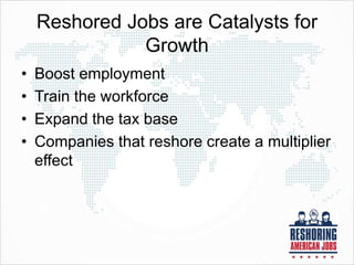 Reshored Jobs are Catalysts for
Growth
• Boost employment
• Train the workforce
• Expand the tax base
• Companies that reshore create a multiplier
effect
 