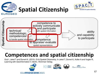 17
Competences and spatial citizenship
Gryl I, Jekel T and Donert K, (2010), GI & Spatial Citizenship, In Jekel T, Donert K, Koller A and Vogler R,
Learning with GeoInformation V, Berlin, Wichman Verlag
Spatial Citizenship
 