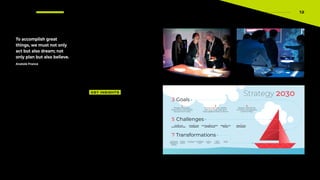 12
Image: Visualization showing the goals, callenges and transformations outlined in ICRC’s Strategy 2030.
Image caption: Participants at the ICRC’s Future Is Now experiential exhibition.
Using the information they gathered, the team
led by Shaun Hazeldine and Aarathi Krishnan
worked with design partners (including Open Lab
at Newcastle University, Superflux and Changeist)
to showcase the potential of humanitarian aid
futures thinking with an experiential futures
exhibition.
Reactions and feedback were recorded and
used to inform IFRC’s Strategy 2030, which was
presented at the end of 2019 to map out how the
organization planned to tackle the next decade.
KEY INSIGHTS
• The key challenge was creating a more agile
approach to planning that combined a top-
level mandate and bottom-up support
• This was a process of culture change, creative
engagement and experimentation, enabled by
strong leadership.
READ MORE
• You can read the full case here: Humanitarian
Futures at IFRC.4
• Read and download the strategy5
on IFRC’s
website
12
To accomplish great
things, we must not only
act but also dream; not
only plan but also believe.
Anatole France
Strategy
Transformations
Challenges
Goals
Climate and
environmental crisis
Evolving crisis
and disasters
Growing gaps in health
and well-being
Migration and
identity
Values, power
and inclusion
Supporting and
developing National
Societies as strong
and effective
local actors
Inspiring and
mobilising
volunteerism
Ensuring trust and
accountability
Working effectively
as a distributed
network
Inﬂuencing
humanitarian
action
Undergoing
a digital
transformation
Financing
the future
People anticipate,
respond to, and quickly
recover from crisis
People lead safe, healthy
and digniﬁed lives and
have opportunities to thrive
People mobilise for
inclusive and peaceful
communities
Strategy
Transformations
Challenges
Goals
Climate and
environmental crisis
Evolving crisis
and disasters
Growing gaps in health
and well-being
Migration and
identity
Values, power
and inclusion
Supporting and
developing National
Societies as strong
and effective
local actors
Inspiring and
mobilising
volunteerism
Ensuring trust and
accountability
Working effectively
as a distributed
network
Inﬂuencing
humanitarian
action
Undergoing
a digital
transformation
Financing
the future
People anticipate,
respond to, and quickly
recover from crisis
People lead safe, healthy
and digniﬁed lives and
have opportunities to thrive
People mobilise for
inclusive and peaceful
communities
 