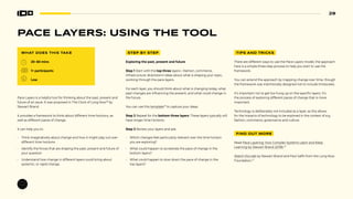 29
PACE LAYERS: USING THE TOOL
WHAT DOES THIS TAKE
20–60 mins
1+ participants
Low
Pace Layers is a helpful tool for thinking about the past, present and
future of an issue. It was proposed in The Clock of Long Now28
by
Stewart Brand.
It provides a framework to think about different time horizons, as
well as different paces of change.
It can help you to:
• Think imaginatively about change and how it might play out over
different time horizons
• Identify the forces that are shaping the past, present and future of
your question
• Understand how change in different layers could bring about
systemic, or rapid change.
STEP BY STEP
Exploring the past, present and future
Step 1 Start with the top three layers—fashion, commerce,
infrastructure. Brainstorm ideas about what is shaping your topic,
working through the pace layers.
For each layer, you should think about what is changing today, what
past changes are influencing the present, and what could change in
the future.
You can use this template29
to capture your ideas.
Step 2 Repeat for the bottom three layers. These layers typically will
have longer time horizons.
Step 3 Review your layers and ask:
• Which changes feel particularly relevant over the time horizon
you are exploring?
• What could happen to accelerate the pace of change in the
bottom layers?
• What could happen to slow down the pace of change in the
top layers?
TIPS AND TRICKS
There are different ways to use the Pace Layers model, the approach
here is a simple three step process to help you start to use the
framework.
You can extend the approach by mapping change over time, though
the framework was intentionally designed not to include timescales.
It’s important not to get too hung up on the specific layers. It’s
the process of exploring different paces of change that is more
important.
Technology is deliberately not included as a layer, as this allows
for the impacts of technology to be explored in the context of e.g.
fashion, commerce, governance and culture.
FIND OUT MORE
Read Pace Layering: How Complex Systems Learn and Keep
Learning by Stewart Brand (2018).30
Watch this talk by Stewart Brand and Paul Saffo from the Long Now
Foundation.31
 
