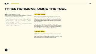 38
THREE HORIZONS: USING THE TOOL
Step 4 So what? Reflections. (15 mins)
Review the three horizons diagram. Reflect as a group on the story
or stories that you are telling through the map.
• Imagine that you are living in the future, how did you get here?
• What happened to cause the system to start changing? What
were the early signals of change?
• How did you take advantage of opportunities or innovations, how
did you manage or mitigate risks?
TIPS AND TRICKS
There may be a temptation for participants to focus too much on
what they want (their vision), rather than what might be. If this
happens, encourage them to think about different possibilities, and
futures that may be less ideal. You can use three horizons to create a
vision (see Option 2).
People can get overly focused on the shape of the curves. Let
participants know they’re not doing anything complicated! Reassure
them that the curves only indicate that all horizons are present at the
same time – but that each is dominant at different times.
FIND OUT MORE
VisitH3Uniformoreonthethreehorizonsmethodsandhowtouseit.43
Read Three Horizons: The Patterning of Hope by Bill Sharpe44
for more
about the tool and how to think about systems change.
 