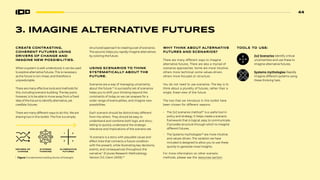 44
44
3. IMAGINE ALTERNATIVE FUTURES
CREATE CONTRASTING,
COHERENT FUTURES USING
DRIVERS OF CHANGE AND
IMAGINE NEW POSSIBILITIES.
When a system is well-understood, it can be used
to explore alternative futures. This is necessary
as the future is non-linear, and therefore is
unpredictable.
There are many effective tools and methods for
this, including scenario building. The key point,
however, is to be able to move away from a fixed
idea of the future to identify alternative, yet
credible, futures.
There are many different ways to do this. We are
sharing two in this toolkit. The first is a simple,
structured approach to creating a set of scenarios.
The second, helps you rapidly imagine alternatives
by coloring the future.
USING SCENARIOS TO THINK
SYSTEMATICALLY ABOUT THE
FUTURE.
Scenarios are a way of managing uncertainty
about the future.45
A successful set of scenarios
helps you to shift your thinking beyond the
constraints of today so we can prepare for a
wider range of eventualities, and imagine new
possibilities.
Each scenario should be distinctively different
from the others. They should be easy to
understand and combine both logic and story-
telling to quickly understand the strategic
relevance and implications of the scenario set.
“A scenario is a story with plausible cause and
effect links that connects a future condition
with the present, while illustrating key decisions,
events, and consequences throughout the
narrative.” (Futures Research Methodology
Version 3.0, Glenn 2009).46
WHY THINK ABOUT ALTERNATIVE
FUTURES AND SCENARIOS?
There are many different ways to imagine
alternative futures. There are also a myriad of
scenarios approaches. Some are more intuitive,
others more technical; some values-driven,
others more focused on structure.
You do not need to use scenarios. The key is to
think about a plurality of futures, rather than a
single, linear-view of the future.
The two that we introduce in this toolkit have
been chosen for different reasons:
• The 2x2 scenarios method47
is a useful tool in
policy and strategy. It helps create a scenario
framework that is logical, easy to communicate.
If provides structure through which to imagine
different futures.
• The Systems mythologies48
are more intuitive
and values-driven. The variation we have
included is designed to allow you to use these
quickly to generate novel insights.
For more information on other scenario
methods, please see the resources section.
TOOLS TO USE:
2x2 Scenarios Identify critical
uncertainties and use these to
imagine alternative futures.
Systems mythologies Rapidly
imagine different systems using
these thinking hats.
R B
P G
Figure: Fundamental building blocks of foresight
DRIVERS OF
CHANGE
SYSTEMS
THINKING
ALTERNATIVE
FUTURES
 