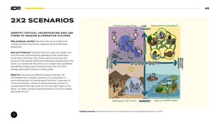 45
2X2 SCENARIOS
IDENTIFY CRITICAL UNCERTAINTIES AND USE
THESE TO IMAGINE ALTERNATIVE FUTURES
Why would you use this? Scenarios help you to imagine how
change may look in the future, imagining new and alternative
possibilities.
How can it help you? Scenarios help you to gain rich insights into
how the future could emerge by developing a set of alternative
stories about the future. They can be used as a social learning
process to help develop shared and challenging perspectives on the
future. As a scenario set they allow you to imagine new possibilities
and identify strategic opportunities and risks that can inform
strategy, planning and decision-making today.
What it is There are many different scenario methods. The
tool detailed here, a double uncertainty or 2x2 approach, is a
structured approach to thinking about the future. It uses pairs of
critical uncertainties—drivers of change that have uncertain or
unpredictable future trajectories but will have high impact on the
future—to create a simple scenario framework in which to imagine
alternative futures.49
Example scenarios: The World Economic Forum‘s scenarios for the future of global food systems in 2030.50
 