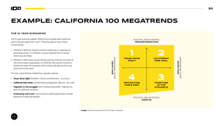 50
EXAMPLE: CALIFORNIA 100 MEGATRENDS
THE 10 YEAR SCENARIOS
The 10-year scenarios asked “What kind of a state does California
want to be ten years from now?”. They focused on two critical
uncertainties:
1. Whether California would transform politically in response to
emerging issues, or whether it would operate from a similar
status quo as today.
2. Whether Californians would choose policies that are inclusive of
the entire state’s population, or whether they would choose to
divide the state into enclaves with policies decided at the local
and community level.
The two uncertainties created four scenario spaces:
• Texas done right: freedom, choice, and diversity – at a price.
• California New Deal: transformative progressive reforms – at a cost
• Together in the struggle: with limited bandwidth, making the
best of a difficult situation
• Protecting one’s own community (or self) preservation amidst
adversity limited bandwidth
Image: Scenario framework for the 10-year scenarios
POLITICAL AND ECONOMIC
TRANSFORMATION
POLITICAL AND ECONOMIC
INERTIA
INCLUSIVE
SOCIAL
ENVIRONMENT
ENCLAVED
SOCIAL
ENVIRONMENT
TEXAS DONE
RIGHT
1 CALIFORNIA
NEW DEAL
2
PROTECTING
ONE’S OWN
4 TOGETHER
IN THE
STRUGGLE
3
 