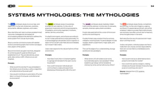 54
SYSTEMS MYTHOLOGIES: THE MYTHOLOGIES
The blue archetype values structure, logic, and
objectivity. It is the color of planners, scientists,
accountants, referees, engineers, and coders.
Blue roles follow set rules to achieve predetermined
outcomes. Strategies are centralized, all-
encompassing designs that attempt to address the
entire system from one set of principles.
Blue is a central command console with labeled
buttons and blinking lights that monitor and adjust
every aspect of the system.
Blue environments are giant machines, designed
for achieving specific goals by following an
established circuit. They are laboratories, power
grids, data centers, traffic infrastructure, and
hospitals.
Prompts:
• What would this look like if it was embedded in
the infrastructure of society, a utility or algorithm
as fundamental as the power grid?
• How would it contribute to automation of human
labor in a future of computer controlled smart
environments?
R B
P G
The green archetype values inclusiveness,
emergence, and creativity. It is the color of
grassroots movements and thriving ecosystems,
of residents, community organizers, musicians,
settlers, farmers, and artists.
It is playful and organic, and will grow according to
its own innate potential and unique personality. It’s
a canvas begging to be painted, and an organism in
search of its true self. Green feels alive and relatable,
but it doesn’t take orders.
Green roles respond to the natural rhythms of their
environment.
Prompts:
• How does it look when it is hacked together
in a garage and donated to the open-source
movement?
• How could it empower individuals and
communities to create and experiment,
developing a following with a life of its own?
The purple archetype values mysteries, hidden
truths, and the unknown. It is the color of, visionaries,
sorcerers, shamans, spies, priests, and aliens.
Purple roles peek behind the curtain of the known
world to the world beyond.
Purpkle thinkers step outside of the box and any
metaphor involving boxes. Purple strategies include
voyages, dreams, experiments, magic spells, and
expeditions
This is at the edges of our understanding, strange
worlds and new paradigms.
Prompts:
• What version of it will violate social norms,
but potentially spark a new paradigm? What
breakthrough design will be heralded as
visionary by some, and as ludicrous by others?
The red archetype values heroes, competition,
and winning. It is the color of agency, urgency,
and blood. It is passionate and driven, and will do
whatever it takes to succeed. Red is behind every
war and every love affair, and will rear its head any
time a line gets drawn in the sand.
Red roles drive the story forward and don’t back
down until they’ve won.
Inside a red system, individual players are free to
make their own choices, and are responsible for
their own survival. Red is a marketplace and a
battlefield.
Prompts:
• How would it look as an advertised product,
poised to dominate the market?
• How could it be used as a weapon, creating
imbalances of power between those who have
acces to it and those who don’t?
Source: Adapted from IFTF systems
mythologies.66
 