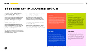 55
SYSTEMS MYTHOLOGIES: SPACE
THIS EXAMPLE EXPLORES THE
FUTURE OF OUTER SPACE.
Looking at this through the four systems lenses,
we might expect to see the following types of
observations. Obviously the more specialist
insight that is brought to bear on this discussion,
the richer the outcomes will be.
Opportunities, for example, might include the
ability to stabilize space activity, and reduce the
risk of bad actors, by engaging fully with ‘Blue’
proposals on regulating space.
They might also include using the ‘open source’
mapping activities of Green actors to supplement
other communications analysis.
R B
P G
Threats might include the risk that an anonymous
friendly satellite is spotted by Green actors.
New analysis might include a review of the
prospects for Red actor interplanetary mining.
Given that most reports suggest it is difficult to
make viable, some further analysis might focus on
unintended consequences of failed attempts to
develop mining in space.
Blind spots might include some social analysis
of the possible effects of the growth of Purple
perspectives on space and the earth, which might
include new forms of consciousness or activism.
Figure: Exploring the future of space through the systems mythologies.
Red system
Red systems thinking sees space as a resource to
be exploited. Space tourism, of course, but beyond
that an opportunity—potentially for mining and
resource extraction. Expect ownership or property
claims to be made for parts of the moon. Red
thinkers will also look for geopolitical advantage
from data collected from space.
Blue system
The blue system sees space as being managed
through a structure of agreements and
conventions—in the same way that the Arctic
has been regulated. Blue thinkers will be looking
to reinforce existing agreements on the use of
space, perhaps looking for a Convention on Space
to reinforce existing agreements. Similarly, they
might be looking for agreements about the use of
data gathered from space.
Green system
Green systems thinking sees space as a
‘commons’ that should be managed for the public
global good. In this lens there are concerns about
the impact of space debris on astronomy, and
of the way in which unmanaged debris creates
risks to other space users. Green activists start
an open source database tracking satellites and
other space activity, to attribute activity as part of
a campaign to make space actors responsible for
external costs.
Purple system
Purple thinkers will be asking about what types
of surprises the new wave of space travel and
exploration will afford. For example, they might
wonder if increasing the numbers of people who
have seen the earth as a whole from space might
start to change people’s consciousness about
the earth.
 