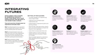 INTEGRATING
FUTURES
DRIVE IMPACT AND CHANGE,
BY EMBEDDING INSIGHTS
FROM YOUR WORK INTO YOUR
ORGANIZATION AND BEYOND IN
THE WIDER PUBLIC SPACE.
These tools ensure that a foresight project has
organizational and broader impact.
Why? Translating foresight into an organization
requires foresight skills to prevent it from being
seen as interesting rather than important.
What? Synthesized foresight outputs and
implications which link to clear organizational
entry points and levers, through advocacy,
building and nurturing relationships, sharing
information, advising and communicating.
How? Rapid prototyping, strategic
communications, visual design, the capability
matrix and “more of/less of” are some of the
tools we recommend.
SETTING UP FOR SUCCESS:
• Formulate messages in an imaginative way
using a range of media
• Create and roll out a foresight project
implementation plan
• Embed foresight in organizational systems and
planning processes
• Work with allies, make opportunities, use entry
points, and overcome barriers to acting for the
long-term in your organization
• Inspire others to be advocates of your work
• Establish systems to monitor change, and
measure the impact and quality of insights
from foresight
• Take an ecosystem approach to create future-
ready organizations that can adapt as the
future evolves
Prototyping (comms)
Rapidly tests and tailors
communications messages
for different media and specific
audiences.
Dilemma resolution Navigate
between contrasting and
sometimes polarised points of
view about change. Dilemma
resolution90
Heart, head and hands
Ensure insights from foresight
work connect deeply with your
audience. Heart, head and
hands
Capability matrix Identifies
aspects of the organization
that can be used to enable the
organization to be successful
in different futures. Capability
matrix
McKinsey 7s Analyses how
well an organization, project or
team is positioned to achieve its
objectives. McKinsey 7s91
S
P
P
C
Sx7
More of, less of... Considers
which parts of an organization
should benefit from either
more or less resources, by using
scenarios and their implications.
See Capability matrix
Strategic navigation Supports
decision-making in a future-
aware way by identifying a
forward-looking set of indicators
and markers.
78
 