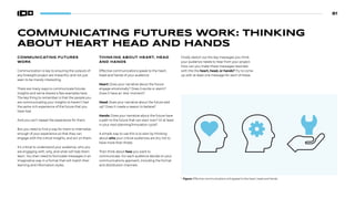 81
COMMUNICATING FUTURES WORK: THINKING
ABOUT HEART HEAD AND HANDS
COMMUNICATING FUTURES
WORK
Communication is key to ensuring the outputs of
any foresight project are impactful, and not just
seen to be merely interesting.
There are many ways to communicate futures
insights and we’ve shared a few examples here.
The key thing to remember is that the people you
are communicating your insights to haven’t had
the same rich experience of the future that you
have had.
And you can’t repeat the experience for them.
But you need to find a way for them to internalize
enough of your experience so that they can
engage with the critical insights, and act on them.
It’s critical to understand your audience, who you
are engaging with, why, and what will help them
learn. You then need to formulate messages in an
imaginative way in a format that will match their
learning and information styles.
THINKING ABOUT HEART, HEAD
AND HANDS
Effective communications speak to the heart,
head and hands of your audience:
Heart: Does your narrative about the future
engage emotionally? Does it excite or alarm?
Does it have an ‘aha’ moment?
Head: Does your narrative about the future add
up? Does it create a reason to believe?
Hands: Does your narrative about the future have
a path to the future that can start now? Or at least
in your next planning/innovation cycle?
A simple way to use this is to start by thinking
about who your critical audiences are (try not to
have more than three).
Then think about how you want to
communicate. For each audience decide on your
communications approach, including the format
and distribution channels.
Finally sketch out the key messages you think
your audience needs to hear from your project.
How can you make these messages resonate
with the the heart, head, or hands? Try to come
up with at least one message for each of these.
Figure: Effective communications will appeal to the heart, head and hands.
 