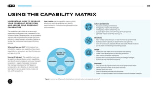 85
Culture and behavior
• focus on creating commitment
• bring policy-makers into foresight
• meet policy-makers where they are
• support short-term work with long-term perspective
• generate shared ownership and buy-in
Structures
• have central units sitting in or near the heart of government
• build and foster capacity in departments and agencies
• work to have courts, elected officials and audit officials involved
• put in place coordinating and sharing groups
People
• make sure that there are in-house skills and capacity
• invest in the development of the next generation
• have visible consistent champions
• support and nurture people working in strategic foresight
• build local and international experts
Processes
• work across all of government and use all government levers
• deliver a small number of set piece activities
• develop their own work
• draw on diverse methods and disciplines
• invest in ongoing research and innovation around strategic foresight
USING THE CAPABILITY MATRIX
UNDERSTAND HOW TO DEVELOP
YOUR FORESIGHT ECOSYSTEM
AND ASSESS YOUR FORESIGHT
CAPABILITIES
The capability matrix helps us to become an
organization and system that is prepared for the
future, inclusive of diverse voices in an anticipatory
manner, and continually reforming as the future
unfolds. It makes foresight actionable, helping us
to align the institutional planning and thinking
process.
Why would you use this? To think about how
to build the capacity and capability of your team,
organization or ecosystem, and identify steps you
can take to do this.
How can it help you? The capability matrix can
be used to understand your current capabilities
and identify practical steps to build your foresight
ecosystem. It is part of a broader framework
that has been developed by SOIF based on
our experience and drawing on practice-baed
learning from across government, private and
non-profit ecosystems.
How it works Use the capability matrix to think
about your existing capabilties and identify
opportunities for institutionalizing foresight across
your ecosystem.
Figure: A common set of features for building future-oriented, resilient and adapatable systems.99
S
P
P
C
CULTURE AND
BEHAVIOR
STRUCTURES
PEOPLE
PROCESSES
 
