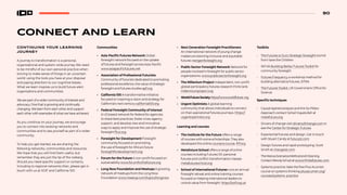 90
CONNECT AND LEARN
CONTINUING YOUR LEARNING
JOURNEY
A journey to transformation is a personal,
organizational and system-wide journey We need
to be mindful of our own personal practice when
striving to make sense of things in an uncertain
world: using the tools you have at your disposal
and paying attention to our cognitive biases.
What we learn inspires us to build future-alert
organizations and communities.
We are part of a wider community of interest and
advocacy. One that is growing and continually
changing. We learn from each other and support
each other with examples of what we have achieved.
As you continue on your journey, we encourage
you to connect into existing networks and
communities and to see yourself as part of a wider
community.
To help you get started, we are sharing the
following networks, communities and resources.
We hope that you will find them useful, but
remember they are just the tip of the iceberg.
Should you need specific support or contacts,
including to regional networks then, please get in
touch with us at SOIF and California 100.
Communities
• Asia-Pacific Futures Network Global
foresight network focused on the uptake
of futures and foresight across Asia-Pacific
www.asiapacificfutures.net
• Association of Professional Futurists
Community of futurists dedicated to promoting
professional excellence, the value of strategic
foresight and futures studies apf.org
• California 100 A transformative initiative
focused on inspiring a vision and strategy for
California’s next century california100.org
• Federal Foresight Community of Interest
A US based network for federal for agencies
to share best practices, foster cross-agency
support, and develop new and innovative
ways to apply and improve the use of strategic
foresight ffcoi.org
• Foresight for Development Foresight
community focused on promoting
the use of foresight for Africa’s future
foresightfordevelopment.org
• Forum for the Future A non-profit focused on
sustainability www.forumforthefuture.org
• Long Now Foundation and Meetups A growing
network of meetups from the Long Now
Foundation www.meetup.com/topics/longnow
• Next Generation Foresight Practitioners
An international network of young change
makers envisioning inclusive and equitable
futures nextgenforesight.org
• Public Sector Foresight Network Network for
people involved in foresight for public sector
organizations. www.publicsectorforesight.org
• The Millenium Project Independent, non-profit
global participatory futures research think tank
millenniumproject.org
• WorldFutureSocietyhttps://www.worldfuture.org
• Urgent Optimists A global learning
community that allows individuals to connect
on their aspirational futures journeys. https://
urgentoptimists.org
Learning and courses
• The Institute for the Future offers a range
of courses with some scholarships. They also
developed this online coursera course. iftf.org
• Metafuture School offers a range of online
courses including Futures 101, personal
futures and conflict transformation classes
metafutureschool.org
• School of International Futures runs an annual
foresight retreat and online training courses
focused on helping international leaders to
unlock value from foresight. https://soif.org.uk
Toolkits
• The Futures is Ours: Strategic foresight tool kit
from Save the Children
• WCVA Building Better Futures Toolkit for
community foresight
• Futures Frequency a workshop method for
building alternative futures, SITRA
• The Futures Toolkit, UK Government Office for
Science
Specific techniques
• Causal layered analysis and the Six Pillars
Approach contact Sohail Inayatullah at
metafuture.org
• Drivers of change visit driversofchange.com or
see the Center for Strategic Futures
• Experiential futures and design. Get in touch
with Stuart Candy at futuryst.com
• Design futures and rapid-prototyping. Scott
Smith at changeist.com
• TheManoaScenariosMethodandVIsioning
ContactWendySchulzatwww.infinitefutures.com
• Systems practice: take the free Plus Acumen
course on systems thinking plusacumen.org/
courses/systems–practice
 