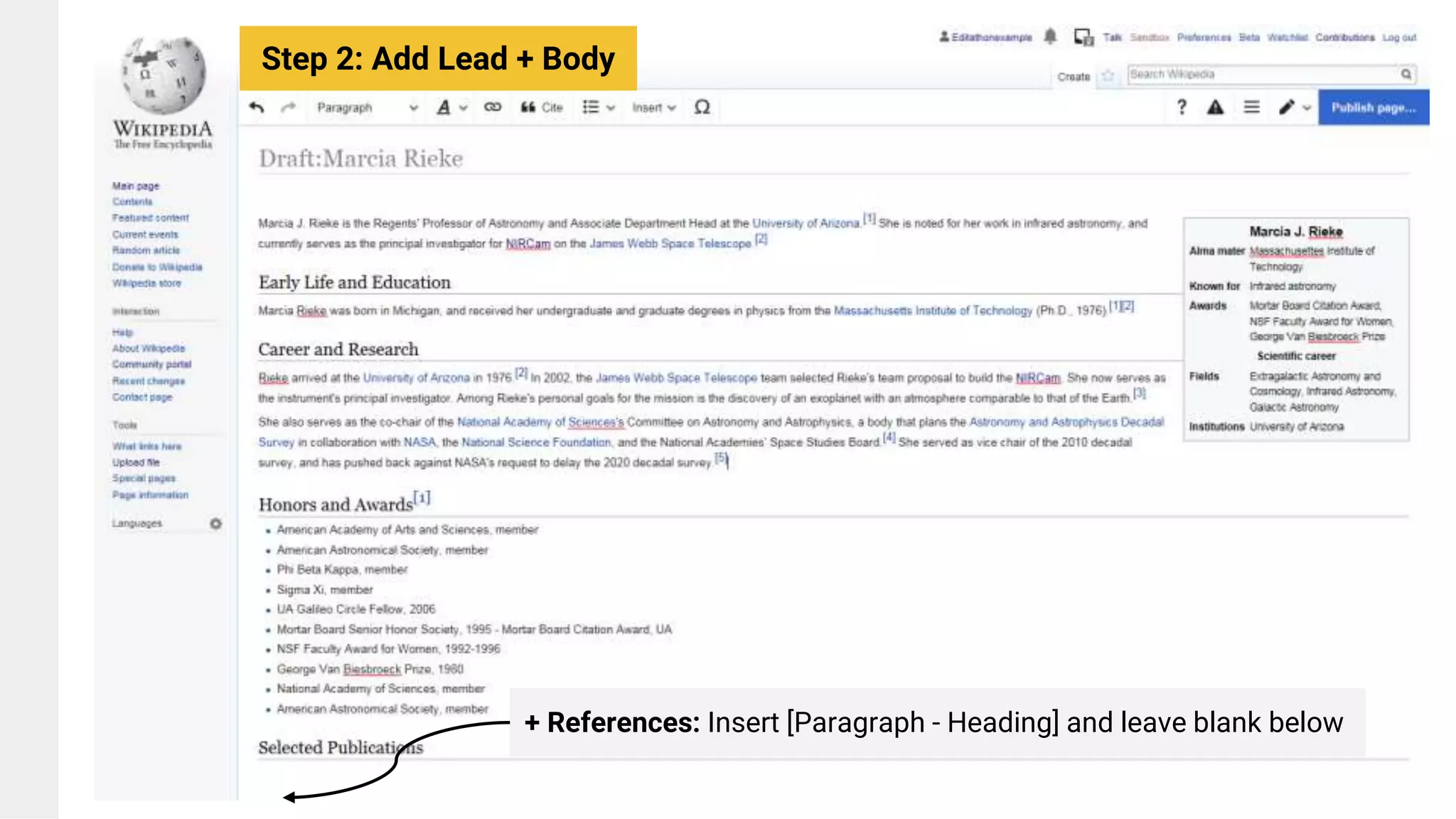 + References: Insert [Paragraph - Heading] and leave blank below
Step 2: Add Lead + Body
 
