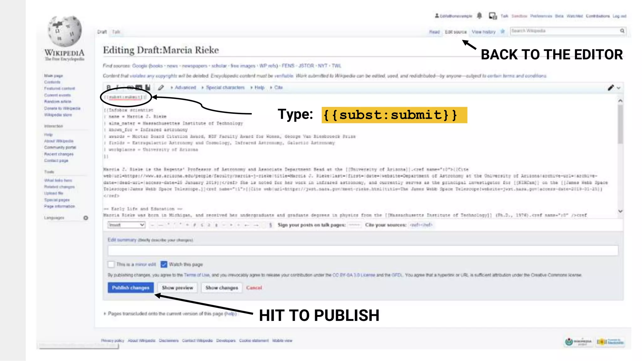 Type: {{subst:submit}}
BACK TO THE EDITOR
HIT TO PUBLISH
 