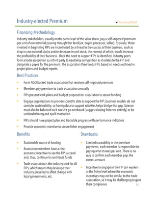Industry stakeholders, usually on the same level of the value chain, pay a self-imposed premium
per unit of raw material passing through that level (ex. buyer, processor, seller). Typically, those
invested in beginning FIPs are incentivized by a threat to the success of their business, such as
drop in raw material stocks and/or decrease in unit stock; the reversal of which, would increase
the profitability of their business. Once the need to support FIPs is identified, industry peers
form a trade association as a third party to neutralize competition as it relates to the FIP and
designate a payee for the premium. The association then funds FIPs based on needs outlined in
project plans and budget reports.
!  Form NGO backed trade association that receives self-imposed premium
!  Members pay premium to trade association annually
!  FIPs present work plans and budget proposals to association to secure funding.
!  Engage organizations to provide scientific data to support the FIP; business models do not
consider sustainability, so having data to support activities helps bridge that gap. Science
must also be balanced so it doesn’t go overboard (suggest closing fisheries entirely) or be
underwhelming and quell motivation.
!  FIPs should have project plan and trackable progress with performance indicators
!  Provide economic incentive to secure fisher engagement
Industry-elected Premium
Financing Methodology
Best Practices
!  Sustainable source of funding
!  Association members have a clear
economic incentive to see the FIP succeed
and, thus, continue to contribute funds
!  Trade association is the industry lead for all
FIPs, which means they leverage their
industry presence to affect change with
local governments, etc.
Benefits Drawbacks
!  Limited traceability in the premium
payments; each member is responsible for
paying what it owes per unit. There is no
way to confirm each member pays the
correct amount
!  Incentive to engage in the FIP can weaken
at the fisher level where the economic
incentives may not be similar to the trade
association, so it may be challenging to gain
their compliance
"   Prevailing Model
10"
 