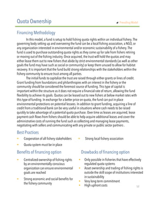 In this model, a fund is setup to hold fishing quota rights within an individual fishery. The
governing body setting up and overseeing the fund can be a local fishing association, a NGO, or
any organization interested in environmental and/or economic sustainability of a fishery. The
fund is used to purchase outstanding quota rights as they come up for sale from fishers retiring
or moving out of the fishing industry. Once acquired, the trust will hold the quotas and may
either lease them out to new fishers that abide by strict environmental standards (as well as other
goals the fund may have such as social or community) or keep them unused to allow for habitat
recovery. It is important that the fund build strong relationships with the stakeholders within the
fishery community to ensure trust among all parties.
The initial funds to capitalize the trust are raised through either grants or lines of credit.
Grant funding from foundations and philanthropies with an interest in the fishery or the
community should be considered the foremost source of funding. This type of capital is
important within the structure as it does not require a financial rate of return, allowing the fund
flexibility to achieve its goals. Quotas can be leased out to new fishers at below market rates with
this type of funding. In exchange for a better price on quota, the fund can put in place
environmental protections on potential lessees. In addition to grant funding, acquiring a line of
credit from a traditional bank can be very useful in situations where cash needs to be raised
quickly to take advantage of a potential quota purchase. Over time as leases are acquired, lease
payment cash flows from fishers should be able to help acquire additional leases and cover the
administrative costs of running the fund such as collecting and managing lease payments,
negotiating with sellers and communicating with any private or public sector partners .
!  Cooperation of all fishery stakeholders
!  Quota system must be in place
!  Strong local fishery association
Quota Ownership
Financing Methodology
Best Practices
!  Centralized ownership of fishing rights
by an environmentally conscious
organization can ensure environmental
goals are reached
!  Strong economic and social benefits for
the fishery community
Benefits of financing option Drawbacks of financing option
!  Only possible in fisheries that have effectively
regulated quota systems
!  Asset ownership and trading of fishing rights is
outside the skill scope of institutions interested
in sustainability 
!  Very long term commitment
!  High upfront costs
"   Prevailing Model
12"
 