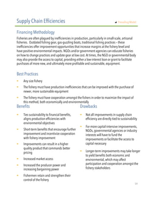 Fisheries are often plagued by inefficiencies in production, particularly in small-scale, artisanal
fisheries. Outdated fishing gear, gas-guzzling boats, traditional fishing practices – these
inefficiencies offer improvement opportunities that increase margins at the fishery level and
have positive environmental impacts. NGOs and/or government agencies can educate fisheries
on how to change practices and update gear at low cost. At times, the NGO or governmental body
may also provide the access to capital, providing either a low-interest loan or grant to facilitate
purchases of more new, and ultimately more profitable and sustainable, equipment.
!  Any size fishery
!  The fishery must have production inefficiencies that can be improved with the purchase of
newer, more sustainable equipment
!  The fishery must have cooperation amongst the fishers in order to maximize the impact of
this method, both economically and environmentally
Supply Chain Efficiencies
Financing Methodology
Best Practices
!  Ties sustainability to financial benefits,
aligns production efficiencies with
environmental objectives 
!  Short-term benefits that encourage further
improvement and incentivize cooperation
with fishery improvement
!  Improvements can result in a higher
quality product that commands better
pricing
!  Increased market access
!  Increased the producer power and
increasing bargaining power
!  Fishermen retain and strengthen their
control of the fishery
Benefits Drawbacks
!  Not all improvements in supply chain
efficiency are directly tied to sustainability
!  For more capital-intensive improvements,
NGOs, governmental agencies or industry
interests will have to fund the
improvements or facilitate the access to
capital necessary
!  Longer-term improvements may take longer
to yield benefits both economic and
environmental, which may affect
participation and cooperation amongst the
fishery stakeholders
"   Prevailing Model
14"
 