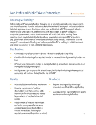 In this model, a FIP derives its funding through a mix of private (corporate), public (government),
and nonprofit sources. Fisheries and their stakeholders work with a nonprofit and/or a foundation
to initiate a pre-assessment, develop an action plan, and institute a FIP. The nonprofit allocates
money toward funding the FIP, and then works with stakeholders to identify and pursue
companies, governments, and/or foundations that will match their initial funding. These
matching funds may include in-kind and pro bono services that are required FIP action items
(e.g. government enforcement of IUU or donation of consulting services). This method uses the
nonprofit’s commitment of funding and endorsement of the FIP to multiply its initial investment
and create financial buy-in from additional stakeholders.
!  Committed nonprofit organization driving FIP creation and fundraising efforts
!  Considerable fundraising effort required in order to secure additional partnership funders up
front
!  FIP must have mechanisms in place to manage funds (e.g. accountants, bank accounts), if not
managed directly by the nonprofit
!  Initial partners sign on prior to FIP establishment, but further fundraising to leverage initial
partnership will continue throughout the life of the FIP
Non-Profit and Public/Private Partnerships
Financing Methodology
Best Practices
!  Increasingly common funding mechanism
!  Financial commitment of multiple
stakeholders from the beginning adds
momentum for FIP activities and creates
larger network of involved/interested
parties
!  Broad network of invested stakeholders
can lend a more powerful voice when
addressing additional stakeholders or
outside interests (e.g. lobbying for
required government legislation or action)
Benefits Drawbacks
!  Requires existing solid partnerships/
networks to identify and leverage funding
!  May require more reporting to meet specific
requirements of multiple funders
"   Prevailing Model
8"
 