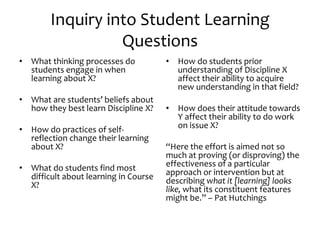 Inquiry into Student Learning
Questions
• What thinking processes do
students engage in when
learning about X?
• What are students’ beliefs about
how they best learn Discipline X?
• How do practices of self-
reflection change their learning
about X?
• What do students find most
difficult about learning in Course
X?
• How do students prior
understanding of Discipline X
affect their ability to acquire
new understanding in that field?
• How does their attitude towards
Y affect their ability to do work
on issue X?
“Here the effort is aimed not so
much at proving (or disproving) the
effectiveness of a particular
approach or intervention but at
describing what it [learning] looks
like, what its constituent features
might be.” – Pat Hutchings
 