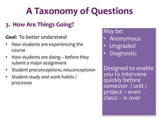 A Taxonomy of Questions
3. How Are Things Going?
Goal: To better understand
• How students are experiencing the
course
• How students are doing – before they
submit a major assignment
• Student preconceptions, misconceptsion
• Student study and work habits /
processes
May be:
• Anonymous
• Ungraded
• Diagnostic
Designed to enable
you to intervene
quickly before
semester / unit /
project – even
class! -- is over
 