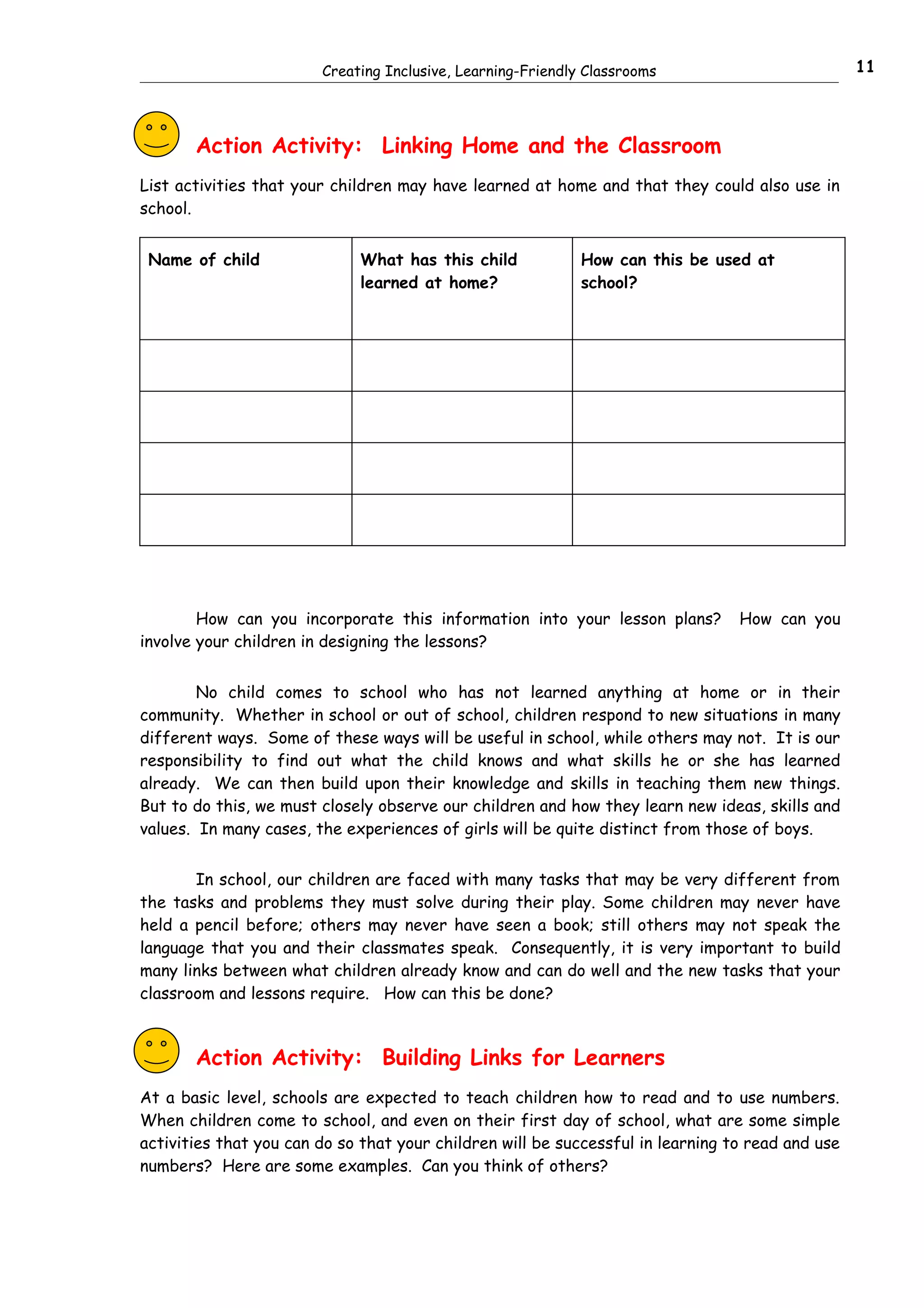 Creating Inclusive, Learning-Friendly Classrooms                          11



       Action Activity: Linking Home and the Classroom
List activities that your children may have learned at home and that they could also use in
school.


 Name of child               What has this child             How can this be used at
                             learned at home?                school?




        How can you incorporate this information into your lesson plans?         How can you
involve your children in designing the lessons?


        No child comes to school who has not learned anything at home or in their
community. Whether in school or out of school, children respond to new situations in many
different ways. Some of these ways will be useful in school, while others may not. It is our
responsibility to find out what the child knows and what skills he or she has learned
already. We can then build upon their knowledge and skills in teaching them new things.
But to do this, we must closely observe our children and how they learn new ideas, skills and
values. In many cases, the experiences of girls will be quite distinct from those of boys.


       In school, our children are faced with many tasks that may be very different from
the tasks and problems they must solve during their play. Some children may never have
held a pencil before; others may never have seen a book; still others may not speak the
language that you and their classmates speak. Consequently, it is very important to build
many links between what children already know and can do well and the new tasks that your
classroom and lessons require. How can this be done?



       Action Activity: Building Links for Learners
At a basic level, schools are expected to teach children how to read and to use numbers.
When children come to school, and even on their first day of school, what are some simple
activities that you can do so that your children will be successful in learning to read and use
numbers? Here are some examples. Can you think of others?
 