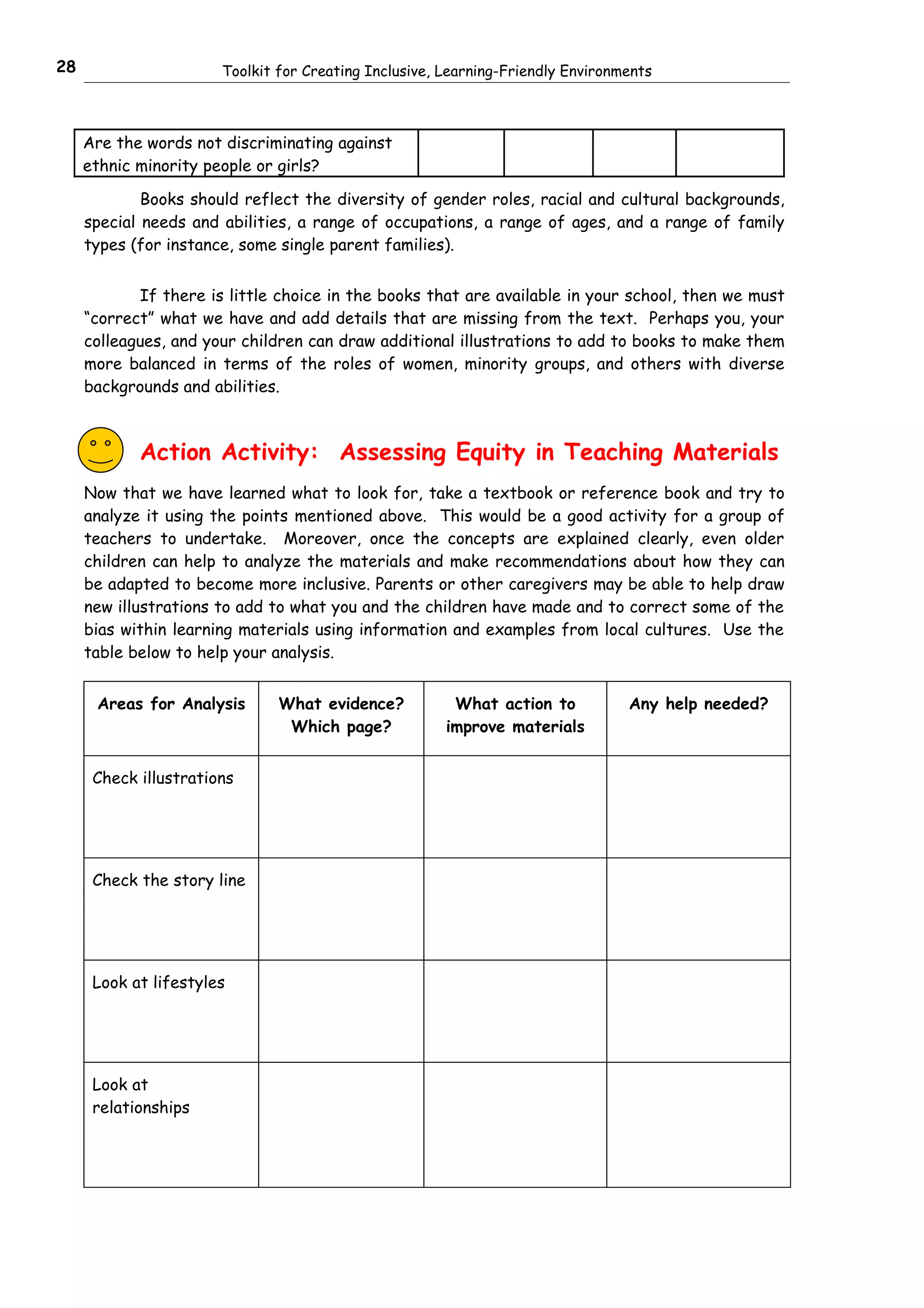 28                     Toolkit for Creating Inclusive, Learning-Friendly Environments



     Are the words not discriminating against
     ethnic minority people or girls?

             Books should reflect the diversity of gender roles, racial and cultural backgrounds,
     special needs and abilities, a range of occupations, a range of ages, and a range of family
     types (for instance, some single parent families).


            If there is little choice in the books that are available in your school, then we must
     “correct” what we have and add details that are missing from the text. Perhaps you, your
     colleagues, and your children can draw additional illustrations to add to books to make them
     more balanced in terms of the roles of women, minority groups, and others with diverse
     backgrounds and abilities.



            Action Activity: Assessing Equity in Teaching Materials
     Now that we have learned what to look for, take a textbook or reference book and try to
     analyze it using the points mentioned above. This would be a good activity for a group of
     teachers to undertake. Moreover, once the concepts are explained clearly, even older
     children can help to analyze the materials and make recommendations about how they can
     be adapted to become more inclusive. Parents or other caregivers may be able to help draw
     new illustrations to add to what you and the children have made and to correct some of the
     bias within learning materials using information and examples from local cultures. Use the
     table below to help your analysis.


      Areas for Analysis       What evidence?           What action to           Any help needed?
                                Which page?            improve materials


      Check illustrations




      Check the story line




      Look at lifestyles




      Look at
      relationships
 