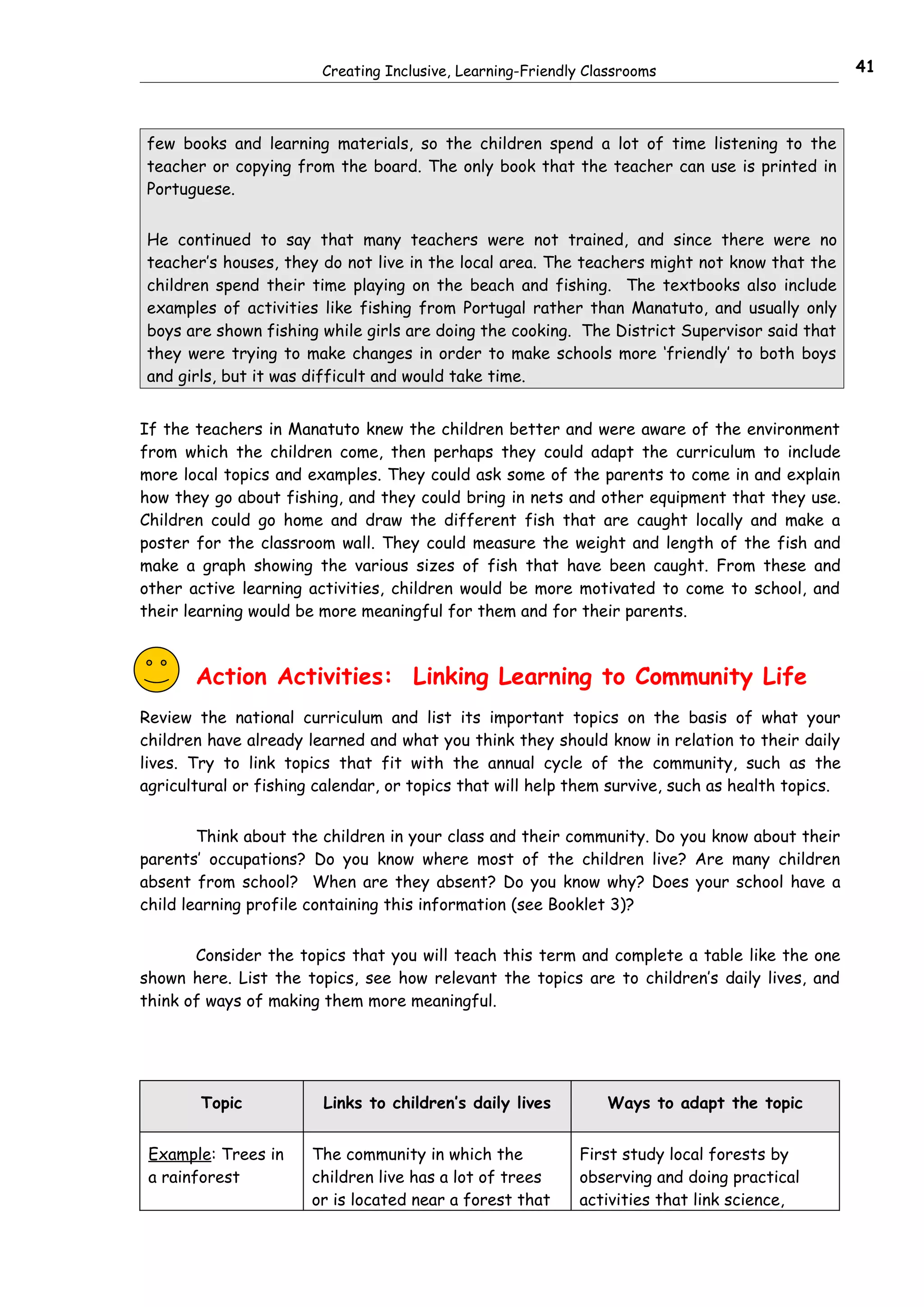 Creating Inclusive, Learning-Friendly Classrooms                          41



few books and learning materials, so the children spend a lot of time listening to the
teacher or copying from the board. The only book that the teacher can use is printed in
Portuguese.


He continued to say that many teachers were not trained, and since there were no
teacher’s houses, they do not live in the local area. The teachers might not know that the
children spend their time playing on the beach and fishing. The textbooks also include
examples of activities like fishing from Portugal rather than Manatuto, and usually only
boys are shown fishing while girls are doing the cooking. The District Supervisor said that
they were trying to make changes in order to make schools more ‘friendly’ to both boys
and girls, but it was difficult and would take time.


If the teachers in Manatuto knew the children better and were aware of the environment
from which the children come, then perhaps they could adapt the curriculum to include
more local topics and examples. They could ask some of the parents to come in and explain
how they go about fishing, and they could bring in nets and other equipment that they use.
Children could go home and draw the different fish that are caught locally and make a
poster for the classroom wall. They could measure the weight and length of the fish and
make a graph showing the various sizes of fish that have been caught. From these and
other active learning activities, children would be more motivated to come to school, and
their learning would be more meaningful for them and for their parents.



       Action Activities: Linking Learning to Community Life
Review the national curriculum and list its important topics on the basis of what your
children have already learned and what you think they should know in relation to their daily
lives. Try to link topics that fit with the annual cycle of the community, such as the
agricultural or fishing calendar, or topics that will help them survive, such as health topics.


        Think about the children in your class and their community. Do you know about their
parents’ occupations? Do you know where most of the children live? Are many children
absent from school? When are they absent? Do you know why? Does your school have a
child learning profile containing this information (see Booklet 3)?


       Consider the topics that you will teach this term and complete a table like the one
shown here. List the topics, see how relevant the topics are to children’s daily lives, and
think of ways of making them more meaningful.




        Topic           Links to children’s daily lives         Ways to adapt the topic


 Example: Trees in     The community in which the           First study local forests by
 a rainforest          children live has a lot of trees     observing and doing practical
                       or is located near a forest that     activities that link science,
 