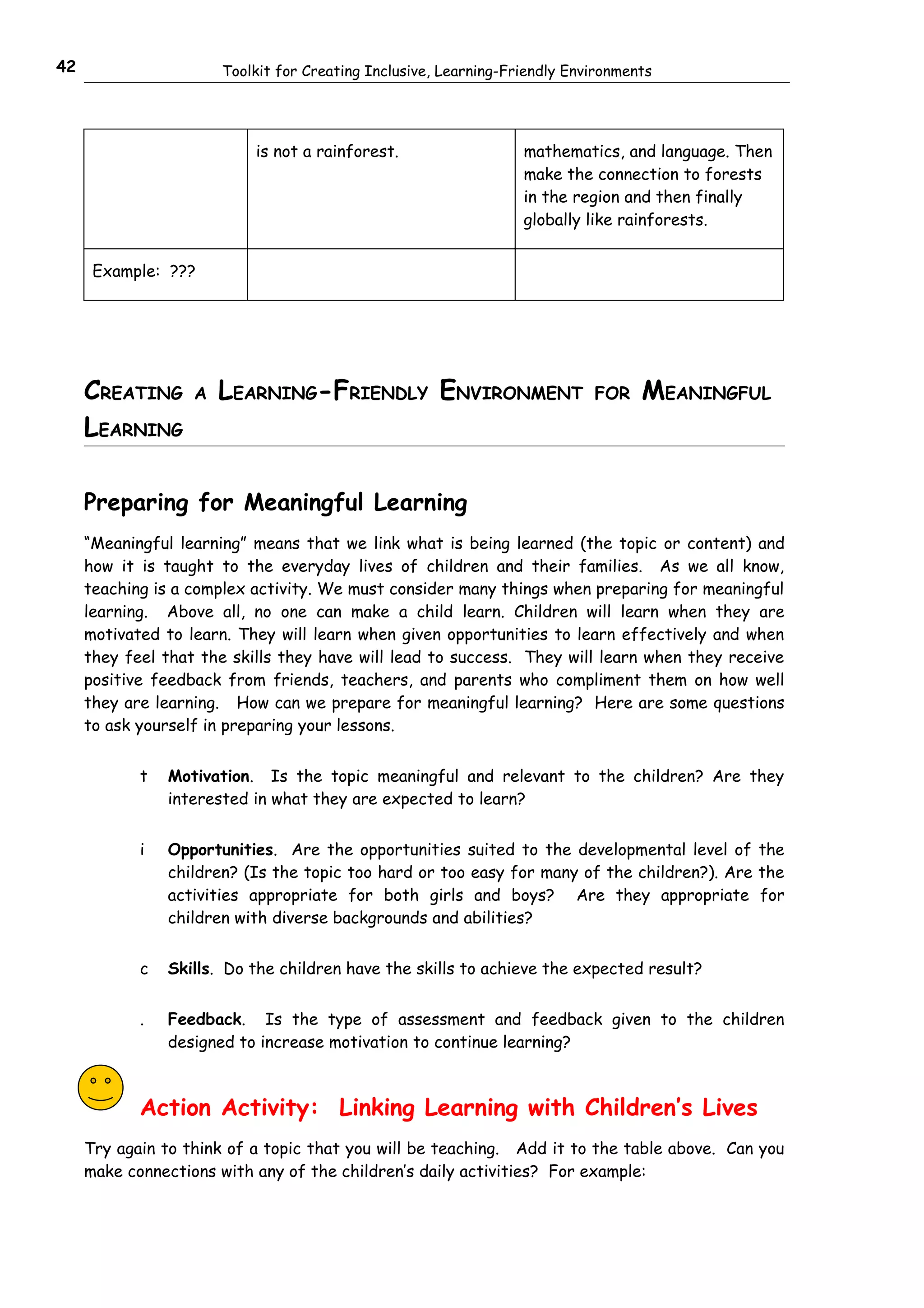 42                     Toolkit for Creating Inclusive, Learning-Friendly Environments




                           is not a rainforest.                   mathematics, and language. Then
                                                                  make the connection to forests
                                                                  in the region and then finally
                                                                  globally like rainforests.


      Example: ???




     CREATING      A   LEARNING-FRIENDLY ENVIRONMENT                        FOR    MEANINGFUL
     LEARNING

     Preparing for Meaningful Learning
     “Meaningful learning” means that we link what is being learned (the topic or content) and
     how it is taught to the everyday lives of children and their families. As we all know,
     teaching is a complex activity. We must consider many things when preparing for meaningful
     learning. Above all, no one can make a child learn. Children will learn when they are
     motivated to learn. They will learn when given opportunities to learn effectively and when
     they feel that the skills they have will lead to success. They will learn when they receive
     positive feedback from friends, teachers, and parents who compliment them on how well
     they are learning. How can we prepare for meaningful learning? Here are some questions
     to ask yourself in preparing your lessons.


            t   Motivation. Is the topic meaningful and relevant to the children? Are they
                interested in what they are expected to learn?


            i   Opportunities. Are the opportunities suited to the developmental level of the
                children? (Is the topic too hard or too easy for many of the children?). Are the
                activities appropriate for both girls and boys? Are they appropriate for
                children with diverse backgrounds and abilities?


            c   Skills. Do the children have the skills to achieve the expected result?


            .   Feedback. Is the type of assessment and feedback given to the children
                designed to increase motivation to continue learning?



            Action Activity: Linking Learning with Children’s Lives
     Try again to think of a topic that you will be teaching. Add it to the table above. Can you
     make connections with any of the children’s daily activities? For example:
 
