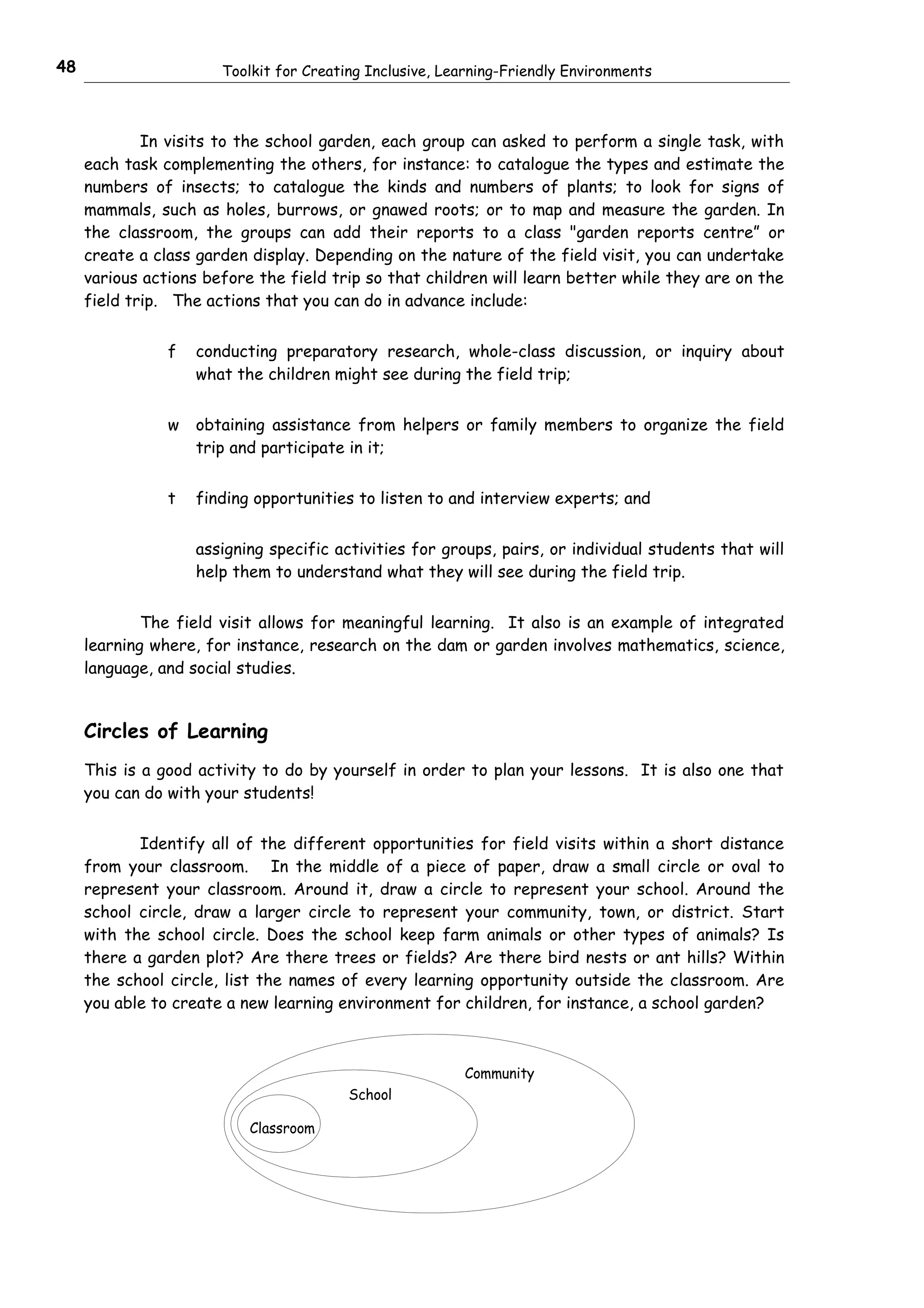 48                     Toolkit for Creating Inclusive, Learning-Friendly Environments



             In visits to the school garden, each group can asked to perform a single task, with
     each task complementing the others, for instance: to catalogue the types and estimate the
     numbers of insects; to catalogue the kinds and numbers of plants; to look for signs of
     mammals, such as holes, burrows, or gnawed roots; or to map and measure the garden. In
     the classroom, the groups can add their reports to a class "garden reports centre” or
     create a class garden display. Depending on the nature of the field visit, you can undertake
     various actions before the field trip so that children will learn better while they are on the
     field trip. The actions that you can do in advance include:


                f   conducting preparatory research, whole-class discussion, or inquiry about
                    what the children might see during the field trip;


                w   obtaining assistance from helpers or family members to organize the field
                    trip and participate in it;


                t   finding opportunities to listen to and interview experts; and


                    assigning specific activities for groups, pairs, or individual students that will
                    help them to understand what they will see during the field trip.


             The field visit allows for meaningful learning. It also is an example of integrated
     learning where, for instance, research on the dam or garden involves mathematics, science,
     language, and social studies.


     Circles of Learning
     This is a good activity to do by yourself in order to plan your lessons. It is also one that
     you can do with your students!


            Identify all of the different opportunities for field visits within a short distance
     from your classroom. In the middle of a piece of paper, draw a small circle or oval to
     represent your classroom. Around it, draw a circle to represent your school. Around the
     school circle, draw a larger circle to represent your community, town, or district. Start
     with the school circle. Does the school keep farm animals or other types of animals? Is
     there a garden plot? Are there trees or fields? Are there bird nests or ant hills? Within
     the school circle, list the names of every learning opportunity outside the classroom. Are
     you able to create a new learning environment for children, for instance, a school garden?



                                                          Community
                                         School

                           Classroom
 