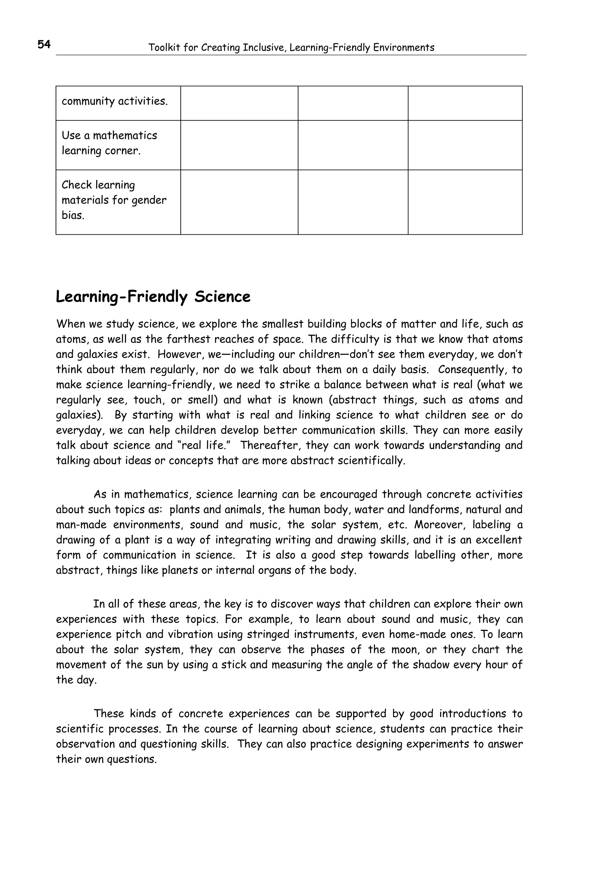 54                     Toolkit for Creating Inclusive, Learning-Friendly Environments




      community activities.


      Use a mathematics
      learning corner.


      Check learning
      materials for gender
      bias.




     Learning-Friendly Science
     When we study science, we explore the smallest building blocks of matter and life, such as
     atoms, as well as the farthest reaches of space. The difficulty is that we know that atoms
     and galaxies exist. However, we—including our children—don’t see them everyday, we don’t
     think about them regularly, nor do we talk about them on a daily basis. Consequently, to
     make science learning-friendly, we need to strike a balance between what is real (what we
     regularly see, touch, or smell) and what is known (abstract things, such as atoms and
     galaxies). By starting with what is real and linking science to what children see or do
     everyday, we can help children develop better communication skills. They can more easily
     talk about science and “real life.” Thereafter, they can work towards understanding and
     talking about ideas or concepts that are more abstract scientifically.


            As in mathematics, science learning can be encouraged through concrete activities
     about such topics as: plants and animals, the human body, water and landforms, natural and
     man-made environments, sound and music, the solar system, etc. Moreover, labeling a
     drawing of a plant is a way of integrating writing and drawing skills, and it is an excellent
     form of communication in science. It is also a good step towards labelling other, more
     abstract, things like planets or internal organs of the body.


            In all of these areas, the key is to discover ways that children can explore their own
     experiences with these topics. For example, to learn about sound and music, they can
     experience pitch and vibration using stringed instruments, even home-made ones. To learn
     about the solar system, they can observe the phases of the moon, or they chart the
     movement of the sun by using a stick and measuring the angle of the shadow every hour of
     the day.


             These kinds of concrete experiences can be supported by good introductions to
     scientific processes. In the course of learning about science, students can practice their
     observation and questioning skills. They can also practice designing experiments to answer
     their own questions.
 