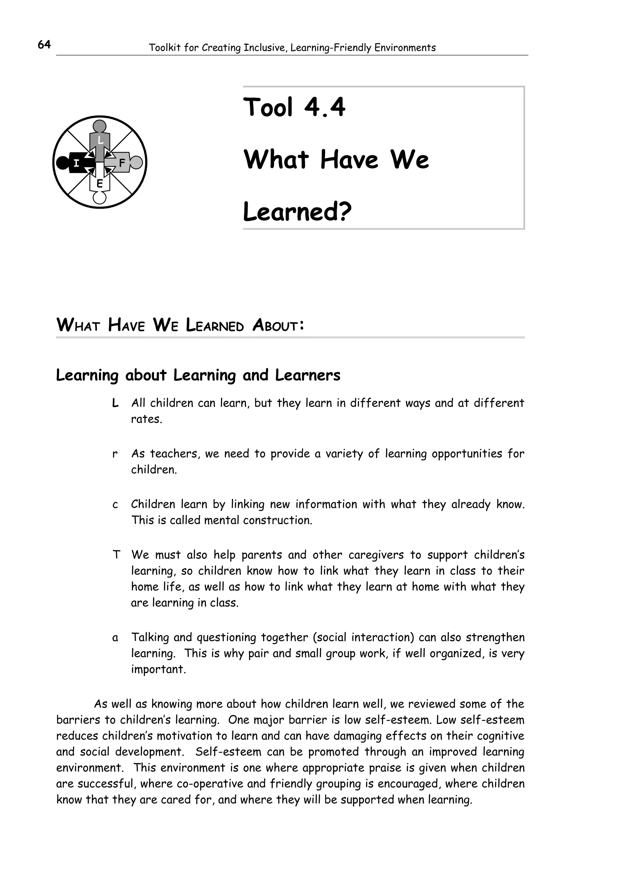 64                         Toolkit for Creating Inclusive, Learning-Friendly Environments




                                               Tool 4.4
            L

        I           F                          What Have We
            E


                                               Learned?



     WHAT HAVE WE LEARNED ABOUT:

     Learning about Learning and Learners
                L       All children can learn, but they learn in different ways and at different
                        rates.


                r       As teachers, we need to provide a variety of learning opportunities for
                        children.


                c       Children learn by linking new information with what they already know.
                        This is called mental construction.


                T We must also help parents and other caregivers to support children’s
                  learning, so children know how to link what they learn in class to their
                  home life, as well as how to link what they learn at home with what they
                  are learning in class.


                a       Talking and questioning together (social interaction) can also strengthen
                        learning. This is why pair and small group work, if well organized, is very
                        important.


            As well as knowing more about how children learn well, we reviewed some of the
     barriers to children’s learning. One major barrier is low self-esteem. Low self-esteem
     reduces children’s motivation to learn and can have damaging effects on their cognitive
     and social development. Self-esteem can be promoted through an improved learning
     environment. This environment is one where appropriate praise is given when children
     are successful, where co-operative and friendly grouping is encouraged, where children
     know that they are cared for, and where they will be supported when learning.
 