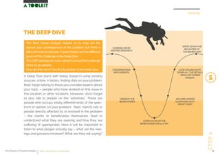 LEARNING FROM
EXISTING RESEARCH
CONVERSATIONS
WITH EXPERTS
LISTENTOWHATTHE
BENEFICIARIES REALLYSAY
WRITE DOWNTHE
BEHAVIORS OF
THE BENEFICIARY
ASKOPEN-ENDED
QUESTIONS:WHY?
WHAT? HOW?
LOOKFORAND NOTE
DOWNALLTHE DETAILS
- IDEAS, KEYWORDS,
PASSION
OBSERVETHE
BENEFICIARIES
Sensing
STEP2
THE DEEP DIVE
A Deep Dive starts with doing research using existing
sources: online, in books, ﬁnding data on your problem.
Next, begin talking to those you consider experts about
your topic – people who have worked on this issue in
this location or other locations. However, don’t forget
to also talk to people on the “extremes". These are
people who occupy totally diﬀerent ends of the spec-
trum of opinion on your problem. Next, start to talk to
people directly aﬀected by or involved in the problem
– the clients or beneﬁciaries themselves. Start to
understand what they are seeking and how they are
suﬀering (if appropriate). Here it will be important to
listen to what people actually say – what are the feel-
ings and passions involved? What are they not saying?
The Root Cause Analysis helped us to map out the
causes and consequences of the problem but there is
stillalotmoretodiscover.Agoodtooltoseethediﬀerent
layers ofthe challenge is the Deep Dive.
The CISPparticipantswere asked to sense the challenge
more, to go deeper.
Howdid theydo it? See this illustration ofthe deep dive.
The Process of Social Innovation how to create solutions for social change 16
 