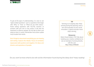 TIP
Sensing is an ongoing step. Keep
sensing during the planning, execu-
tion and evaluation of your social
innovation! A good innovator never
stops sensing.
Resources
Watch David Kelley’s TED Talk about
building your creative conﬁdence to
see an example of sensing directly
with the user.
http://bit.ly/1fWl1G6
Sensing
STEP2
To get at this type of understanding, it is wise to ask
“open-ended questions” such as questions that begin
with “Why” or “How” or “What do you think about…”
Avoid asking questions with Yes/No answers or
answers with just one or two words. It will also be
important to observe people. Do not talk to them, just
observe them in action. Remember that actions speak
much louder than words.
Don’t forget to document everything you are hearing
and seeing. Capture the details. Focus on emotions
expressed, both positive and negative. On ideas and
dreams and aspirations of people.
Do you want to know what to do with all the information found during the deep dive? Keep reading!
The Process of Social Innovation how to create solutions for social change 17
 