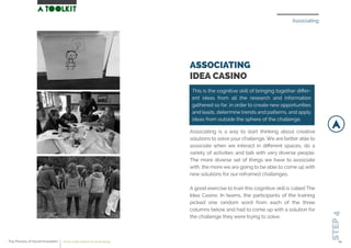 Associating
STEP4
ASSOCIATING
IDEA CASINO
Associating is a way to start thinking about creative
solutions to solve your challenge. We are better able to
associate when we interact in diﬀerent spaces, do a
variety of activities and talk with very diverse people.
The more diverse set of things we have to associate
with, the more we are going to be able to come up with
new solutions for our reframed challenges.
A good exercise to train this cognitive skill is called The
Idea Casino. In teams, the participants of the training
picked one random word from each of the three
columns below and had to come up with a solution for
the challenge they were trying to solve.
This is the cognitive skill of bringing together diﬀer-
ent ideas from all the research and information
gathered so far, in order to create new opportunities
and leads, determine trends and patterns, and apply
ideas from outside the sphere of the challenge.
The Process of Social Innovation how to create solutions for social change 24
 