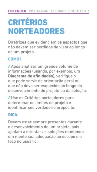 Diretrizes que evidenciam os aspectos que
não devem ser perdidos de vista ao longo
de um projeto.
COMO?
/ Após analisar um grande volume de
informações (usando, por exemplo, um
Diagrama de afinidades), verifique o
que pode servir de orientação geral ou
que não deve ser esquecido ao longo do
desenvolvimento do projeto ou da solução;
/ Use os Critérios norteadores para
determinar os limites do projeto e
identificar seu verdadeiro propósito.
DICA:
Devem estar sempre presentes durante
o desenvolvimento de um projeto, pois
ajudam a orientar as soluções mantendo
em mente sua adequação ao escopo e o
foco no usuário.
CRITÉRIOS
NORTEADORES
ENTENDER VISUALIZAR COCRIAR PROTOTIPAR
 