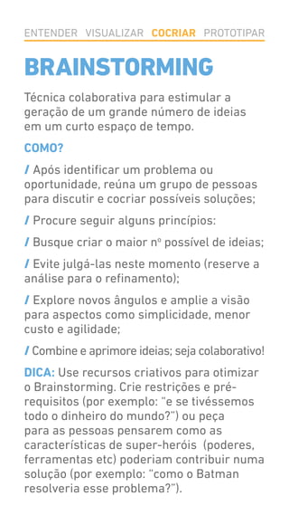 BRAINSTORMING
Técnica colaborativa para estimular a
geração de um grande número de ideias
em um curto espaço de tempo.
COMO?
/ Após identificar um problema ou
oportunidade, reúna um grupo de pessoas
para discutir e cocriar possíveis soluções;
/ Procure seguir alguns princípios:
/ Busque criar o maior no
possível de ideias;
/ Evite julgá-las neste momento (reserve a
análise para o refinamento);
/ Explore novos ângulos e amplie a visão
para aspectos como simplicidade, menor
custo e agilidade;
/ Combine e aprimore ideias; seja colaborativo!
DICA: Use recursos criativos para otimizar
o Brainstorming. Crie restrições e pré-
requisitos (por exemplo: “e se tivéssemos
todo o dinheiro do mundo?”) ou peça
para as pessoas pensarem como as
características de super-heróis (poderes,
ferramentas etc) poderiam contribuir numa
solução (por exemplo: “como o Batman
resolveria esse problema?”).
ENTENDER VISUALIZAR COCRIAR PROTOTIPAR
 