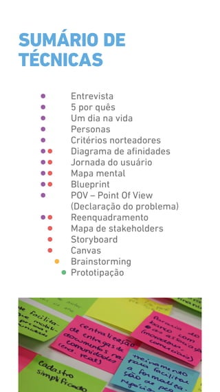 Entrevista
5 por quês
Um dia na vida
Personas
Critérios norteadores
Diagrama de afinidades
Jornada do usuário
Mapa mental
Blueprint
POV – Point Of View
(Declaração do problema)
Reenquadramento
Mapa de stakeholders
Storyboard
Canvas
Brainstorming
Prototipação
SUMÁRIO DE
TÉCNICAS
 