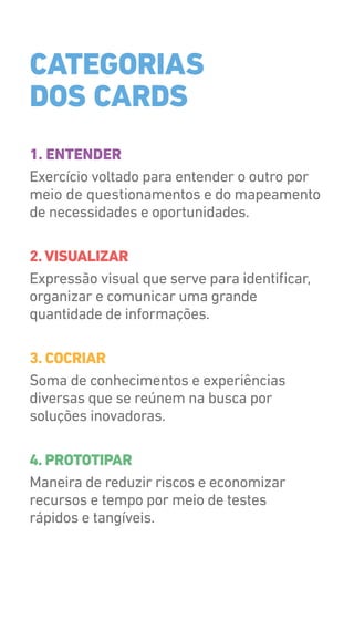 1. ENTENDER
Exercício voltado para entender o outro por
meio de questionamentos e do mapeamento
de necessidades e oportunidades.
2. VISUALIZAR
Expressão visual que serve para identificar,
organizar e comunicar uma grande
quantidade de informações.
3. COCRIAR
Soma de conhecimentos e experiências
diversas que se reúnem na busca por
soluções inovadoras.
4. PROTOTIPAR
Maneira de reduzir riscos e economizar
recursos e tempo por meio de testes
rápidos e tangíveis.
CATEGORIAS
DOS CARDS
 
