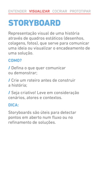 STORYBOARD
Representação visual de uma história
através de quadros estáticos (desenhos,
colagens, fotos), que serve para comunicar
uma ideia ou visualizar o encadeamento de
uma solução.
COMO?
/ Defina o que quer comunicar
ou demonstrar;
/ Crie um roteiro antes de construir
a história;
/ Seja criativo! Leve em consideração
cenários, atores e contextos.
DICA:
Storyboards são úteis para detectar
pontos em aberto num fluxo ou no
refinamento de soluções.
ENTENDER VISUALIZAR COCRIAR PROTOTIPAR
 