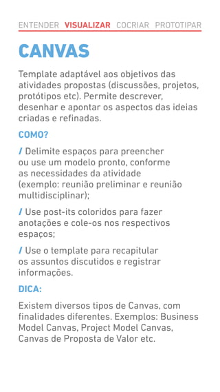 CANVAS
Template adaptável aos objetivos das
atividades propostas (discussões, projetos,
protótipos etc). Permite descrever,
desenhar e apontar os aspectos das ideias
criadas e refinadas.
COMO?
/ Delimite espaços para preencher
ou use um modelo pronto, conforme
as necessidades da atividade
(exemplo: reunião preliminar e reunião
multidisciplinar);
/ Use post-its coloridos para fazer
anotações e cole-os nos respectivos
espaços;
/ Use o template para recapitular
os assuntos discutidos e registrar
informações.
DICA:
Existem diversos tipos de Canvas, com
finalidades diferentes. Exemplos: Business
Model Canvas, Project Model Canvas,
Canvas de Proposta de Valor etc.
ENTENDER VISUALIZAR COCRIAR PROTOTIPAR
 