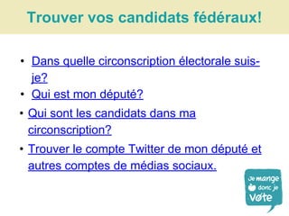 • Dans quelle circonscription électorale suis-
je?
• Qui est mon député?
• Qui sont les candidats dans ma
circonscription?
• Trouver le compte Twitter de mon député et
autres comptes de médias sociaux.
Trouver vos candidats fédéraux!
 